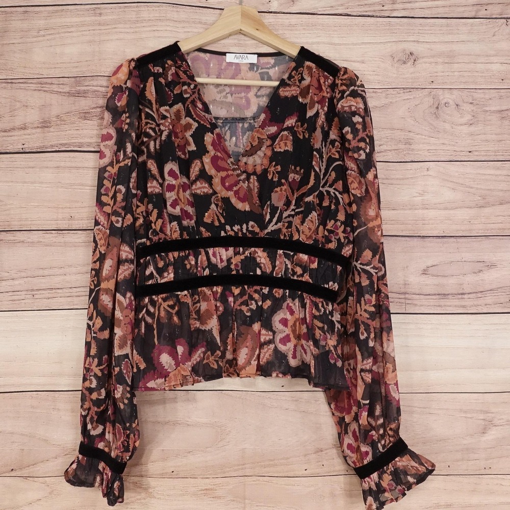 Avara Blouse Womens L Black Floral Chiffon V-Neck Long Sleeve Ruffle Sheer Top
